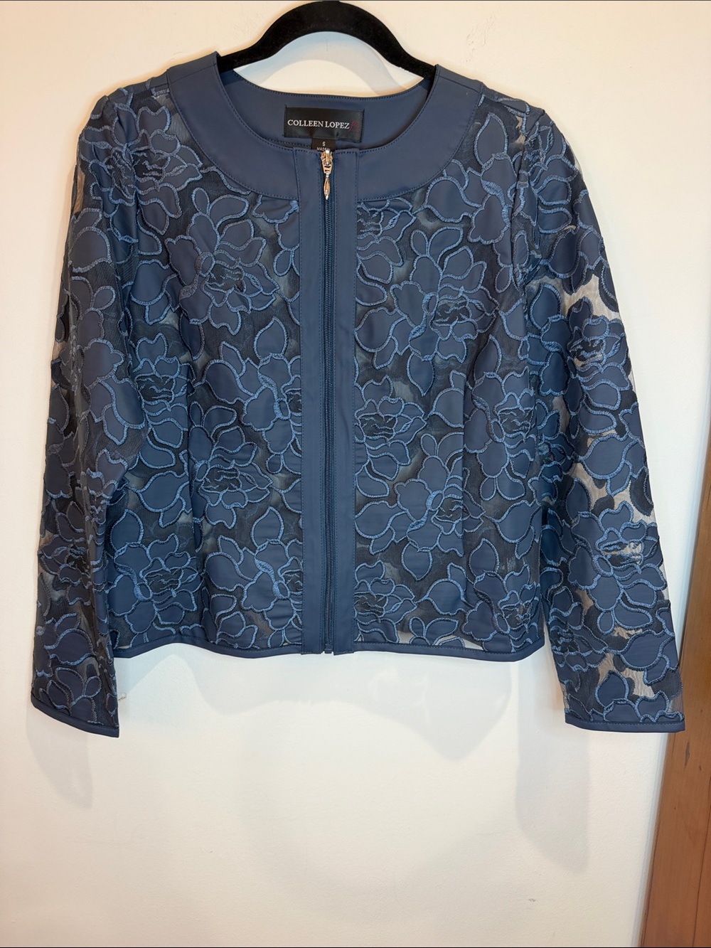 Colleen Lopez Laser Cut Faux Leather Floral & Embroidered Mesh Zip Up Jacket, S